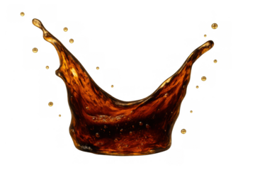 Brown liquid splashing and creating a crown shape, with small droplets flying in the air, isolated on transparent background