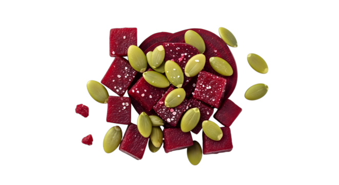 Healthy beet cubes and pumpkin seeds, isolated on transparent background