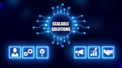 Digital concept of scalable solutions with icons representing business growth and problem-solving on a dark blue background