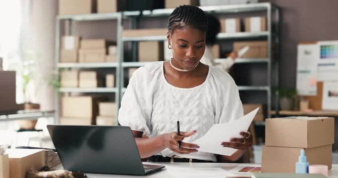 Ecommerce, checklist or seller in office with paper, delivery or export management in supply chain. Logistics, document or woman in workplace with laptop, package or cargo control in distribution.