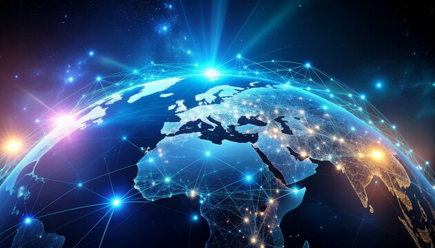 Global connections with a luminous digital network overlaying Earth, showing a vibrant futuristic world, ideal for technology and international business concepts