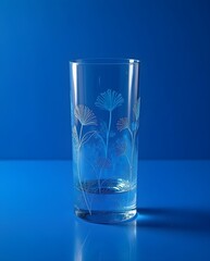 Engraved botanical glass reflecting soft blue light creating elegant transparent form with delicate etched flowers
