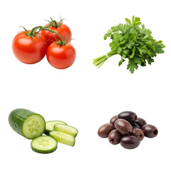 Fresh tomatoes, cucumber, parsley, and olives isolated on transparent background