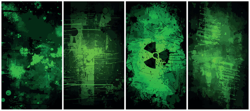 Abstract glowing green digital art with glitch effects and a prominent radiation symbol suggesting danger and technology