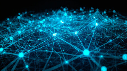 Glowing Blue Network of Connected Nodes on Dark Backdrop