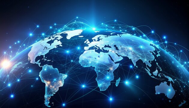 Global network connecting continents with digital lines and bright glowing nodes, representing worldwide data flow and international communication networks - Powered by Adobe