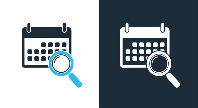 Calendar icons with magnifying glass - Vector icon symbol for website - Icon vector - Blue icon vector - Line and glyph solid icon and logo template