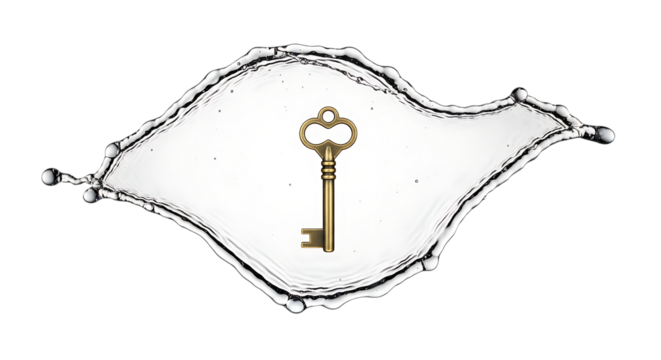 An antique key suspended in a splash of water, isolated on transparent background the vintage key is surrounded by dynamic water droplets, symbolizing unlocking potential, mystery, or a hidden solutio