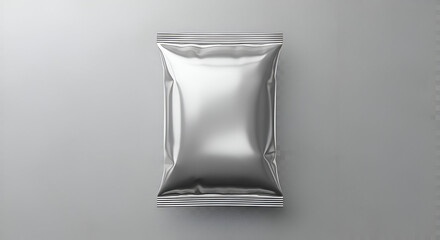 "Small Matte Metallic Foil Pillow Bag on Gray Studio Background — Flexible Single‑Serve Foil Packaging Mockup for Snacks, Nuts or Sample Products"

