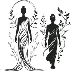  Earth guardian silhouette, minimal human figure with flowing botanical strokes, grounded spiritual tone, black line vector.