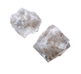 Two crystalline, light gray, cube-shaped mineral specimens, isolated on black