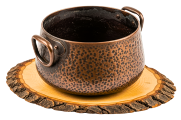 Hammered copper pot with handles on a rustic wood slice isolated on transparent background