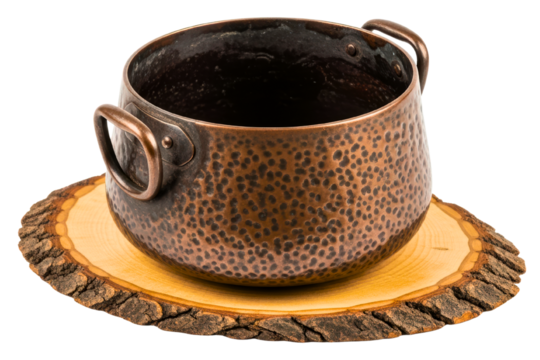Hammered copper pot with handles on a rustic wood slice isolated on transparent background