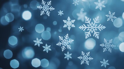 Blue winter background with floating snowflakes and soft glowing bokeh lights