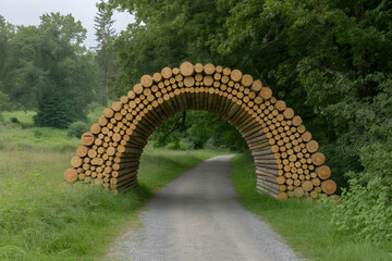 Log archway over pathway in forest park nature trail scenic landscape view