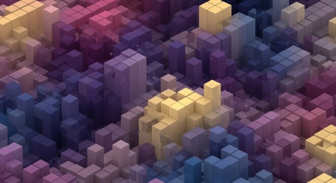 Abstract isometric 3d voxel landscape with colorful blocks in shades of purple, blue, and yellow