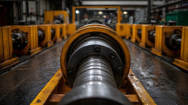 Close up view of a large industrial roller mechanism within a manufacturing facility featuring rows of yellow hinery