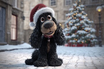 Cartoon black dog wearing Santa hat sitting on snowy street. Digital 3D illustration with Christmas tree and decorations in the background. Winter holiday and Christmas celebration concept. 