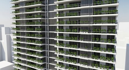 A modern highrise apartment building facade with balconies filled with lush green plants, showcasing sustainable urban living