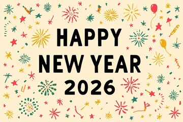 Happy New Year 2026 greeting text with colorful firework elements, confetti, stars, and balloons on beige background. Flat style holiday illustration. New Year celebration and winter holiday concept. 