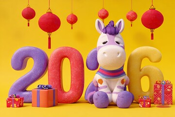 Knitted toy horse in scarf with number 2026 balloons, Chinese lanterns, and gift boxes on yellow background. Studio holiday composition. Chinese New Year and Lunar celebration concept. 