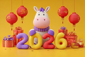 Knitted toy horse in scarf with number 2026 balloons, Chinese lanterns, and gift boxes on yellow background. Studio holiday composition. Chinese New Year and Lunar celebration concept. 