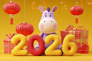 Knitted toy horse in scarf with number 2026 balloons, Chinese lanterns, and gift boxes on yellow background. Studio holiday composition. Chinese New Year and Lunar celebration concept. 