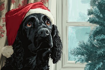 Black dog wearing Santa hat sitting near window with Christmas tree. Digital painting in realistic style. Christmas celebration and winter holiday concept. Design for greeting card, postcard