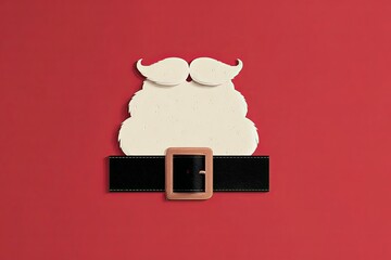 Santa Claus beard and mustache with black belt and gold buckle on red background. Minimalist holiday concept. Christmas and winter celebration. Design for greeting card, postcard, print, banner