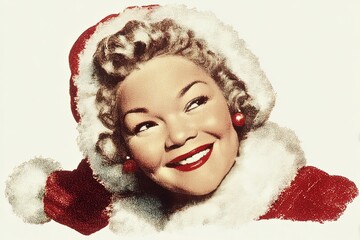 Smiling woman in red Santa outfit with white fur trim posing with hands under chin on light background. Vintage illustration in retro advertising style. Christmas and winter holiday concept