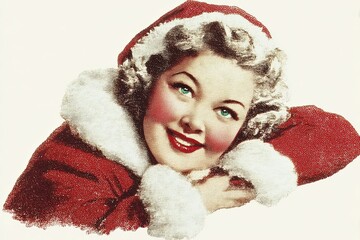 Smiling woman in red Santa outfit with white fur trim posing with hands under chin on light background. Vintage illustration in retro advertising style. Christmas and winter holiday concept