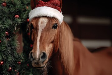 Brown horse wearing Santa hat standing next to decorated Christmas tree with red ornaments. Studio animal portrait. Christmas and winter holiday concept. Design for greeting card, postcard, print, 