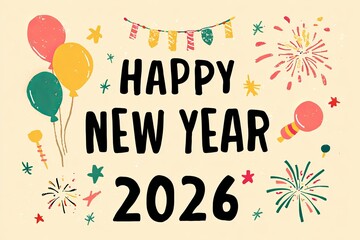 Happy New Year 2026 greeting text with colorful firework elements, confetti, stars, and balloons on beige background. Flat style holiday illustration. New Year celebration and winter holiday concept. 