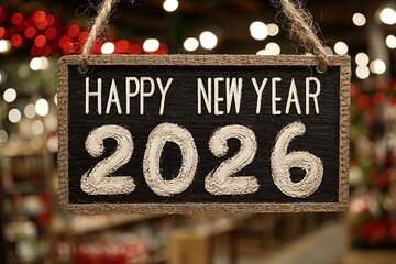 Wooden signboard with text Happy New Year 2026 hanging indoors with blurred festive lights and decorations in background. Holiday interior photography. New year and Christmas celebration.
