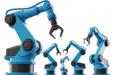 Multiple blue industrial robotic arms close up isolated on transparent background