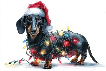 Black dachshund dog wearing Santa hat and wrapped in colorful Christmas lights. Realistic watercolor illustration isolated on white background. Christmas holiday celebration. Design for greeting card