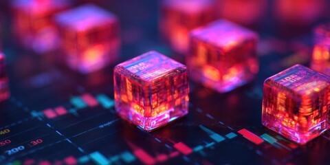 Fintech data visual design, A vibrant, futuristic scene featuring illuminated cubes on a digital graph background, conveying a sense of technology and innovation.
