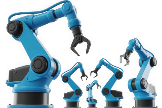 Multiple blue industrial robotic arms close up isolated on transparent background