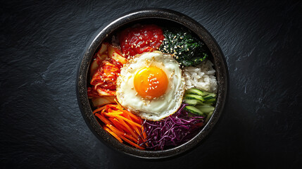 A vibrant bowl of bibimbap with an egg on top, showcasing a colorful array of ingredients 