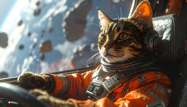 Tabby cat astronaut driving a spaceship, Earth visible, asteroids in the background, wearing an orange spacesuit