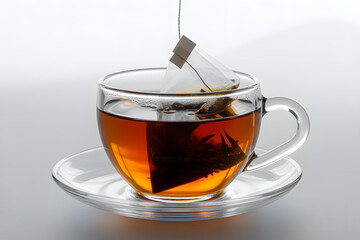 Cup of tea with tea bag brewing herbal hot drink beverage clear glass saucer