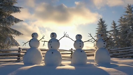 Four Cheerful Snowmen Standing in a Snowy Landscape with Trees and a Wooden Fence on a Sunny Winter Day - Powered by Adobe