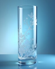Tall cylindrical glass container featuring delicate white botanical etching glowing softly in cool blue
