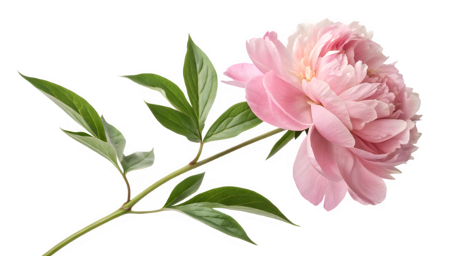 Single pink peony flower with green leaves and stem on transparent background - Powered by Adobe