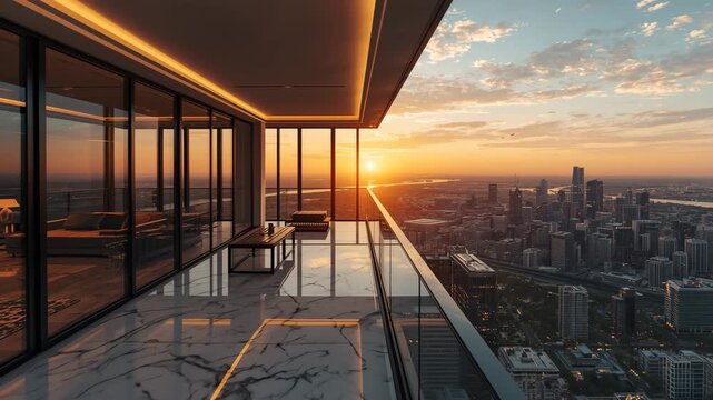 Modern luxury apartment balcony with panoramic city skyline view at golden hour sunset