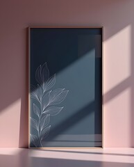 Modern pastel framed leaf artwork softly lit with gentle morning shadows across elegant clean wall
