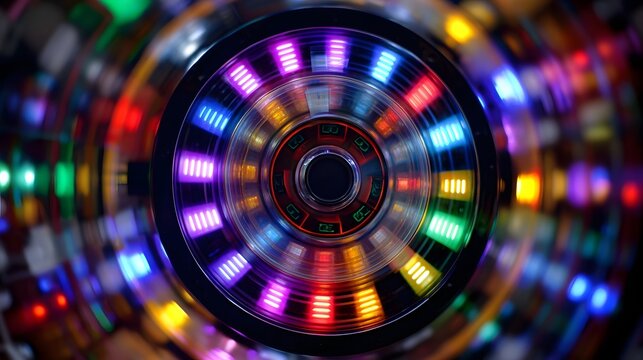 A spinning rotor with vibrant colorful LED lights creating a dynamic abstract visual effect