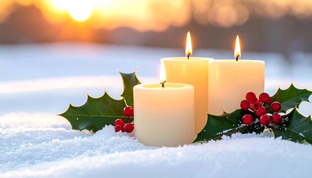 Three lit candles in the snow with holly berries, bright sunrise bokeh in the background, soft focus