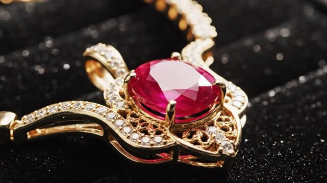 Close-up of a luxurious gold necklace featuring a large ruby gemstone surrounded by sparkling diamonds