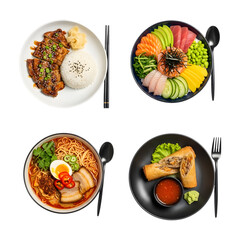 Collage of four japanese dishes including teriyaki chicken, sashimi, ramen, and spring rolls isolated on transparent background